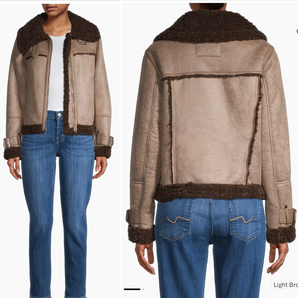Sam Edelman Zipfront Shearling Brown Faux Fur Jacket